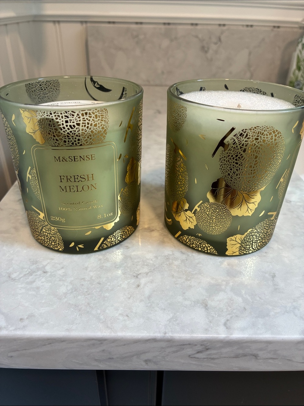 Fresh Melon Scented Candle - Green with Gold Accents